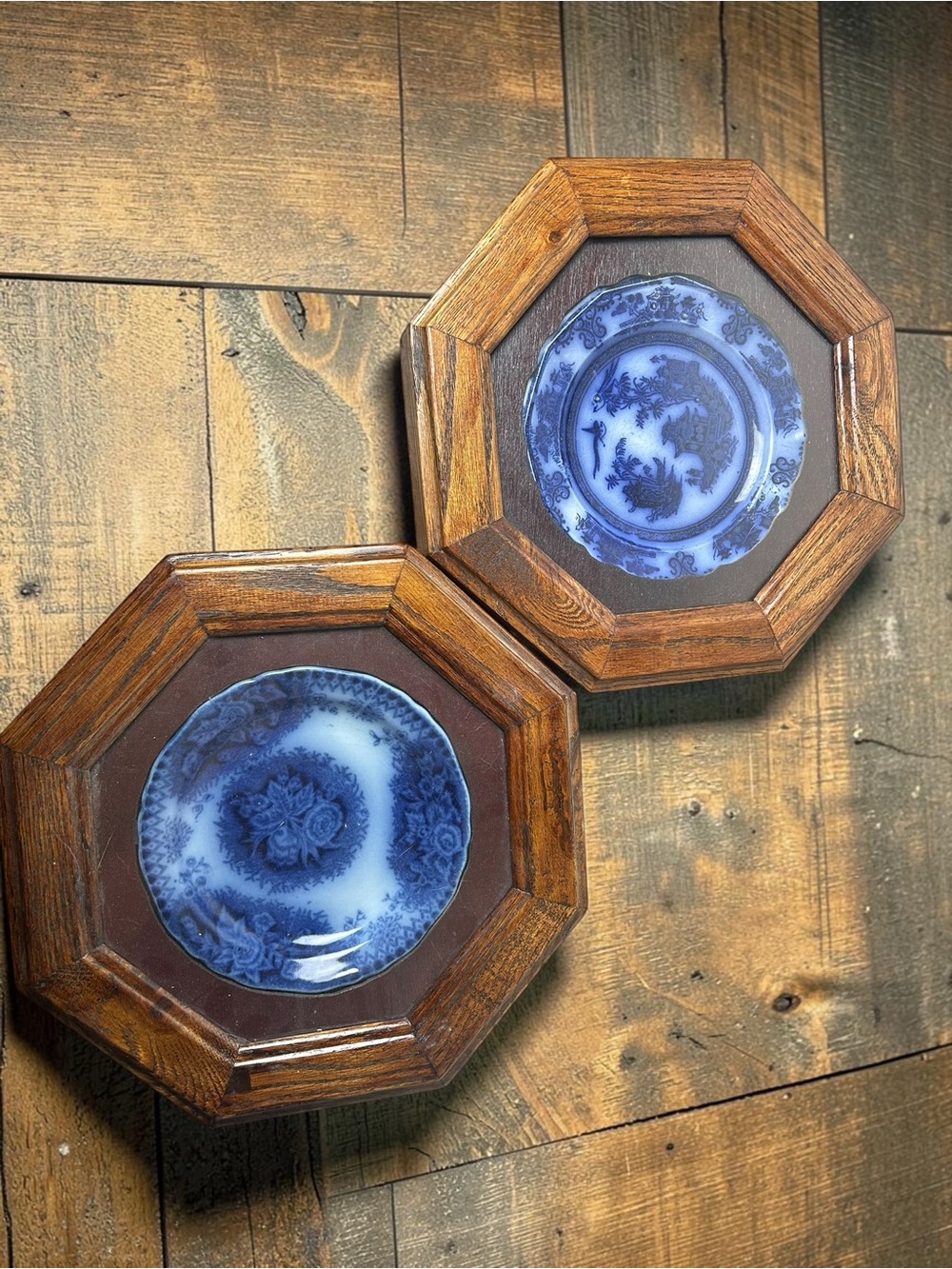 Vintage Blue/White Ironstone Chusan Clementson Plates Wood Framed Set of 2